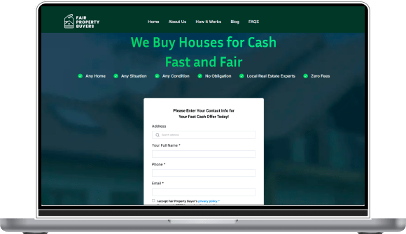 Mockup Preview of Fair Property Buyers Website on 15 inch Macbook Pro